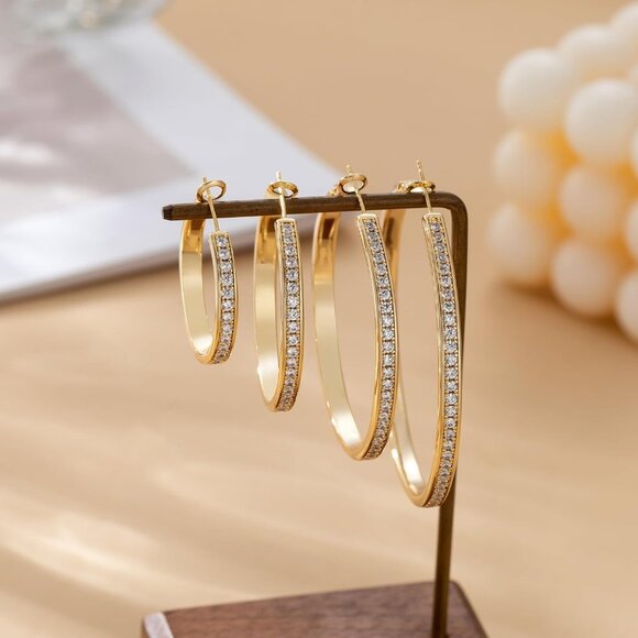 Gold Large Rhinestone Hoop Earrings 40mm for Women, Sterling Silver & Gold Plate - Picture 7 of 8